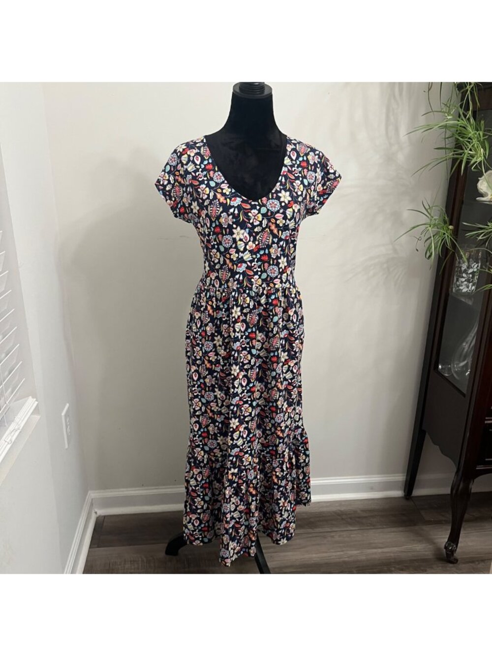 EUC Boden Womens Navy Floral Midi Dress With Pockets 100% Cotton UK 8R US 4R